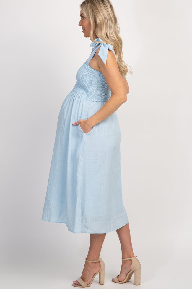 Light Blue Strap Tie Smocked Maternity Dress | PinkBlush Maternity