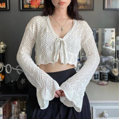 Women's Romantic Sheer Crochet Cardigan, Lace-Up Bell Sleeve Cropped Open-Front Shrug White M | Target