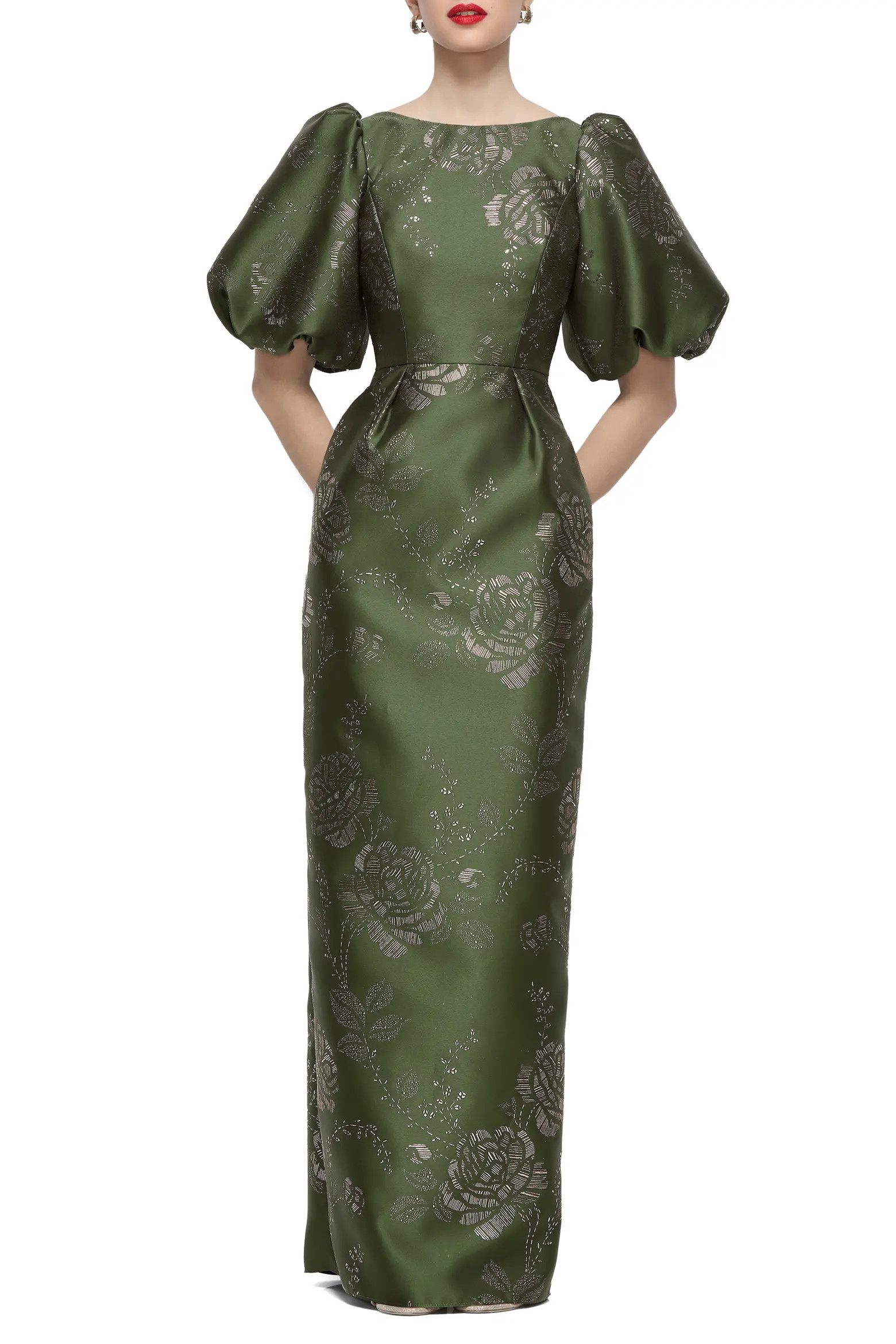 Dessy Collection Blaine Gilt Floral Puff Sleeve Satin Twill Column Gown (Women) | Nordstrom | Nordstrom