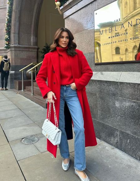 Red long coat, roll neck turtleneck knit jumper, blue jeans, silver ballet pumps, white chain crossbody bag

#LTKstyletip #LTKSeasonal #LTKeurope