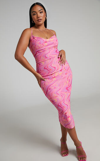 Helga Midi Dress - Cowl Neck Ruched Dress in Pink Swirl | Showpo (ANZ)