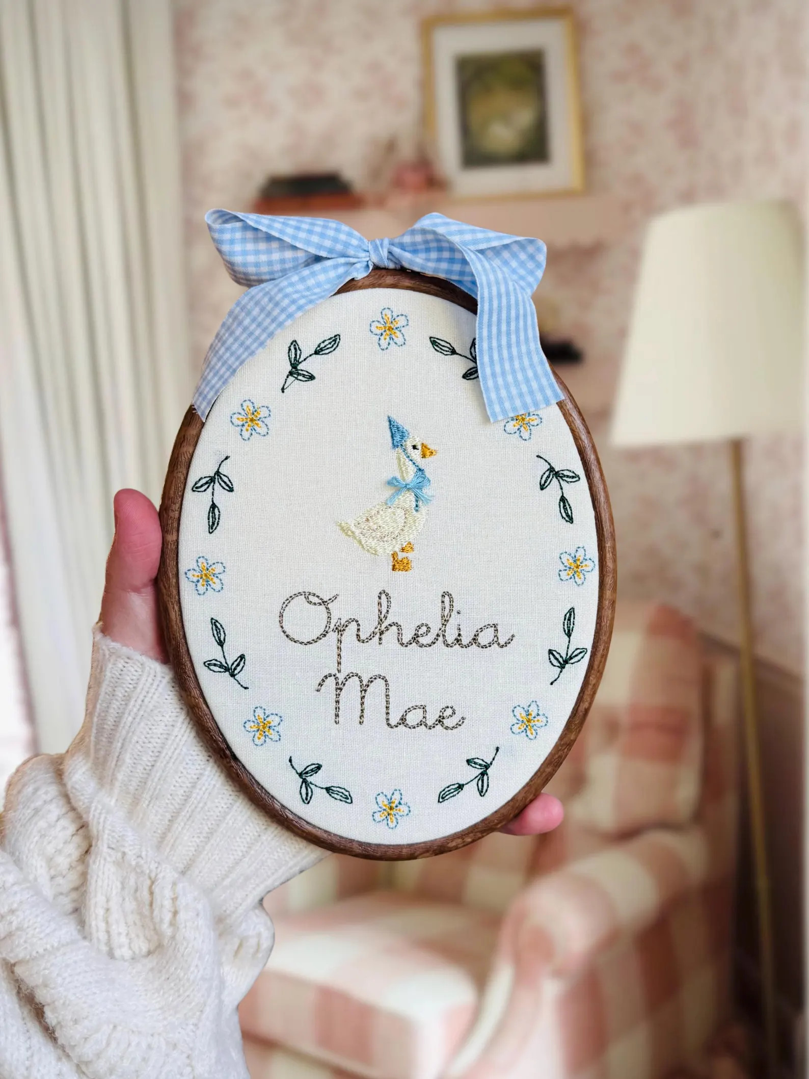 Baby Name Sign Embroidered With Storybook Goose and Florals, Newborn Birth Announcement Plaque, O... | Etsy (Global)