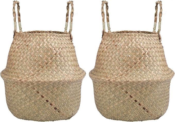 Yesland 2 Pack Woven Seagrass Plant Basket with Handles, Ideal Wicker Baskets Storage Plant Pot B... | Amazon (US)