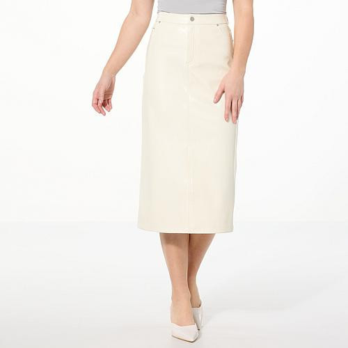 Colleen Lopez Faux Leather Midi Pencil Skirt - Ivory/Off White - Size Medium | HSN