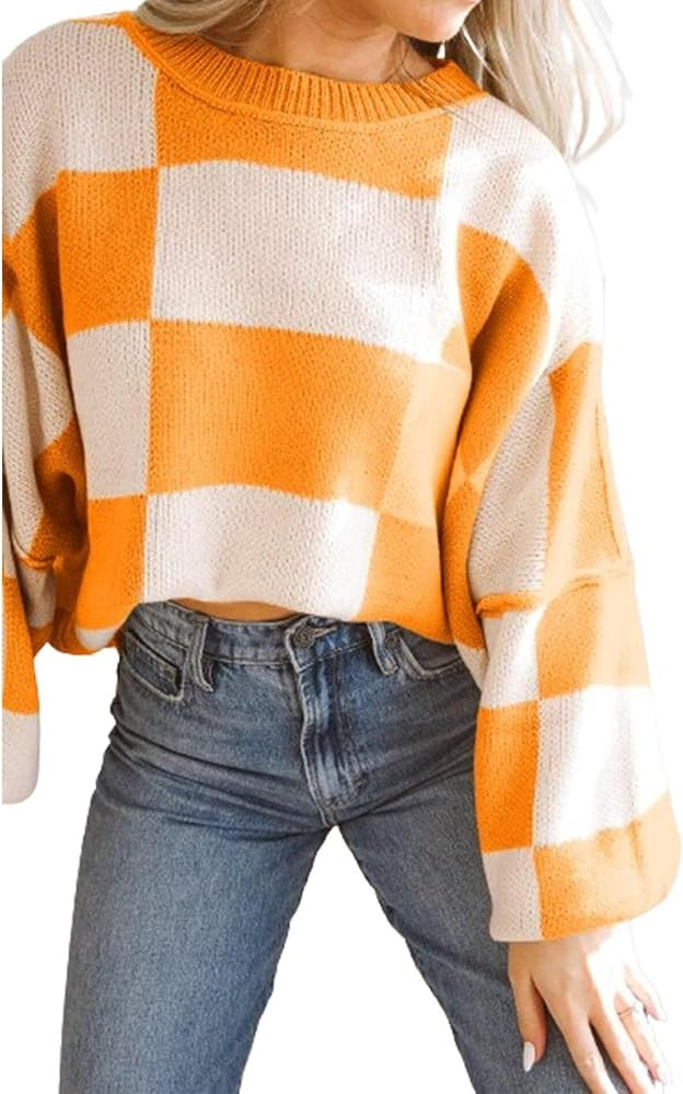 Women's Casual Crew-Neck Long Sleeve Sweaters Checkered Pullover Knit Sweater Jumper Tops | Amazon (US)