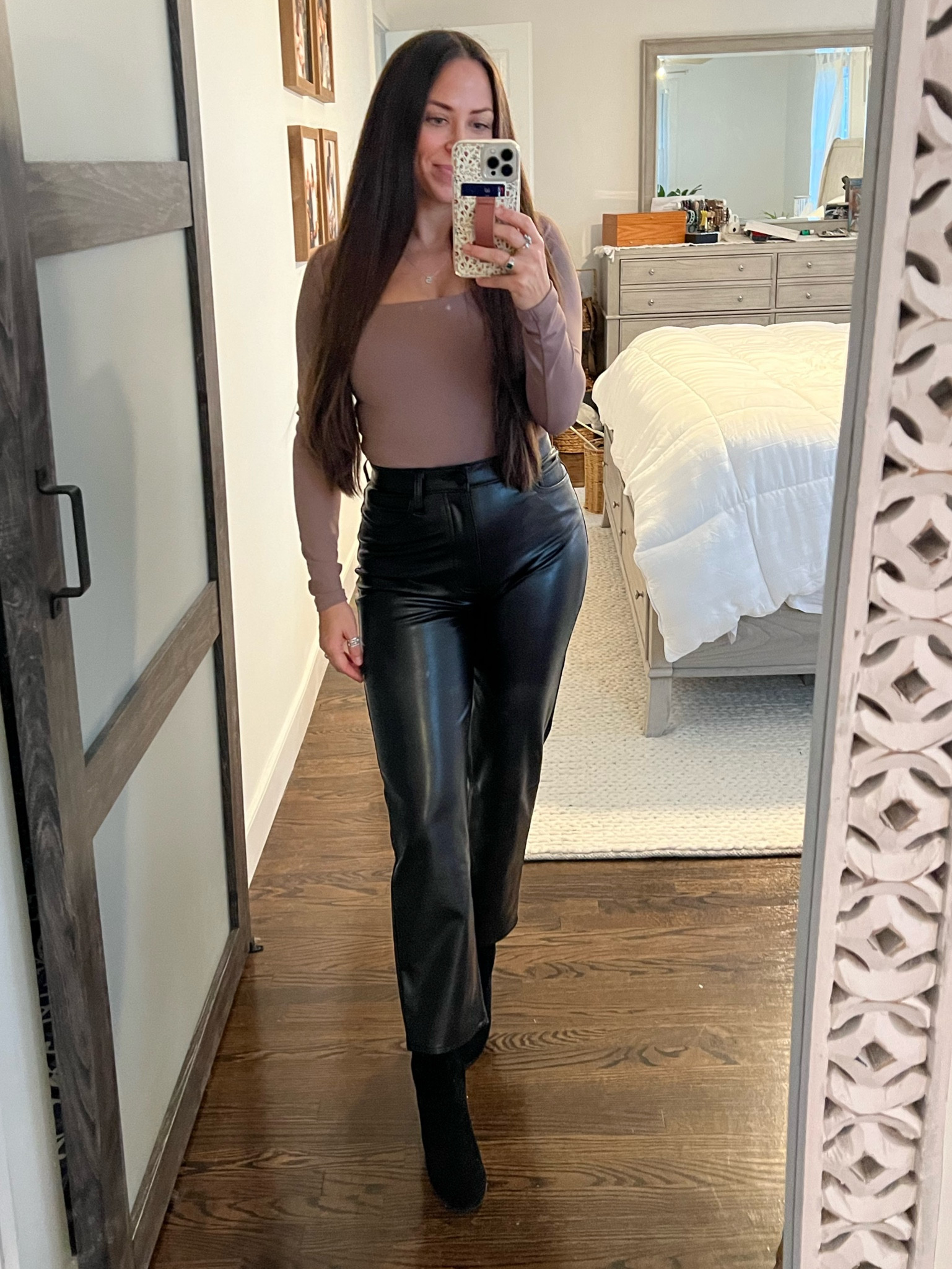 #LTKxAF sale! Abercrombie black pleather pants and tan thong bodysuit! 

Going out outfit / dinner outfit / date night 

#LTKsalealert #LTKHoliday #LTKxAF