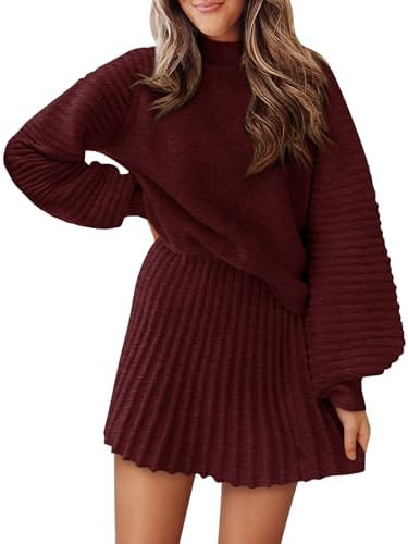 Womens 2 Piece Skirt Sets Fall Fashion 2025 Mock Neck Ribbed Knit Sweaters And Mini Skirt Two Pie... | Amazon (US)
