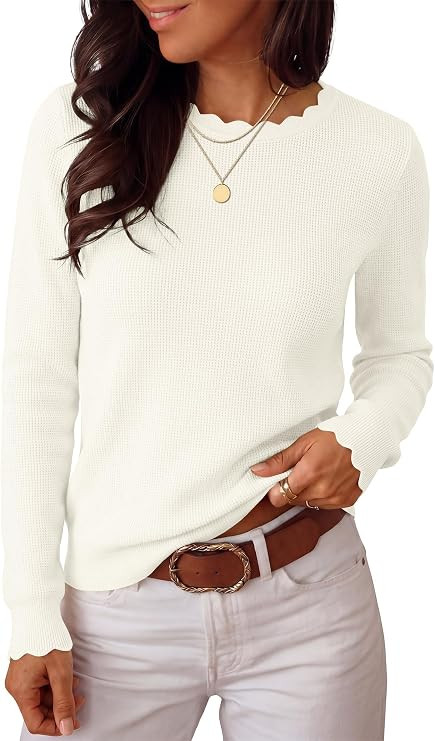 ANRABESS Long Sleeve Sweaters for Women Scalloped Lightweight Fall Outfits | Amazon (US)