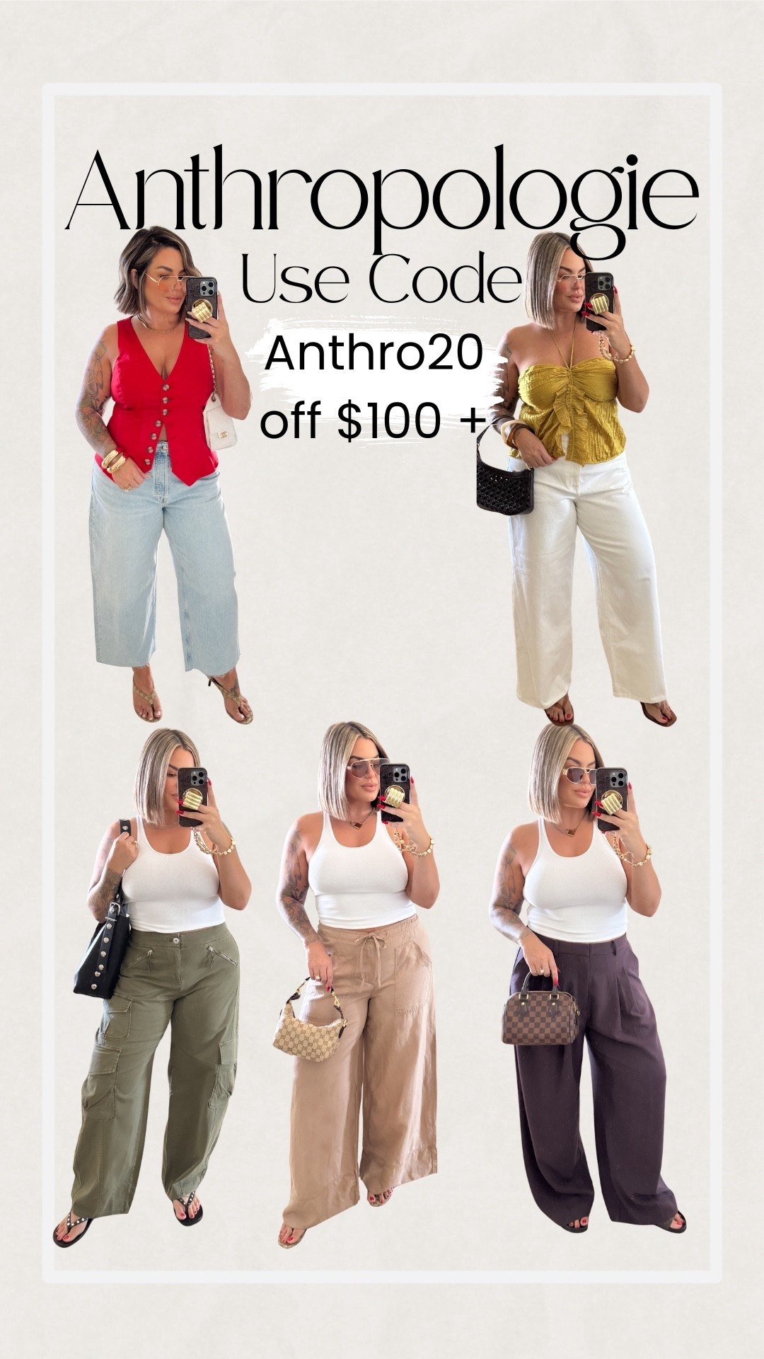 Use code Anthro20 this weekend only on orders of $100 or more. 
Red vest L 
Green top L 
White tank M 
Anthro pants all size L reg length 
White jeans 12r 
Cropped jeans 32 for baggy fit
