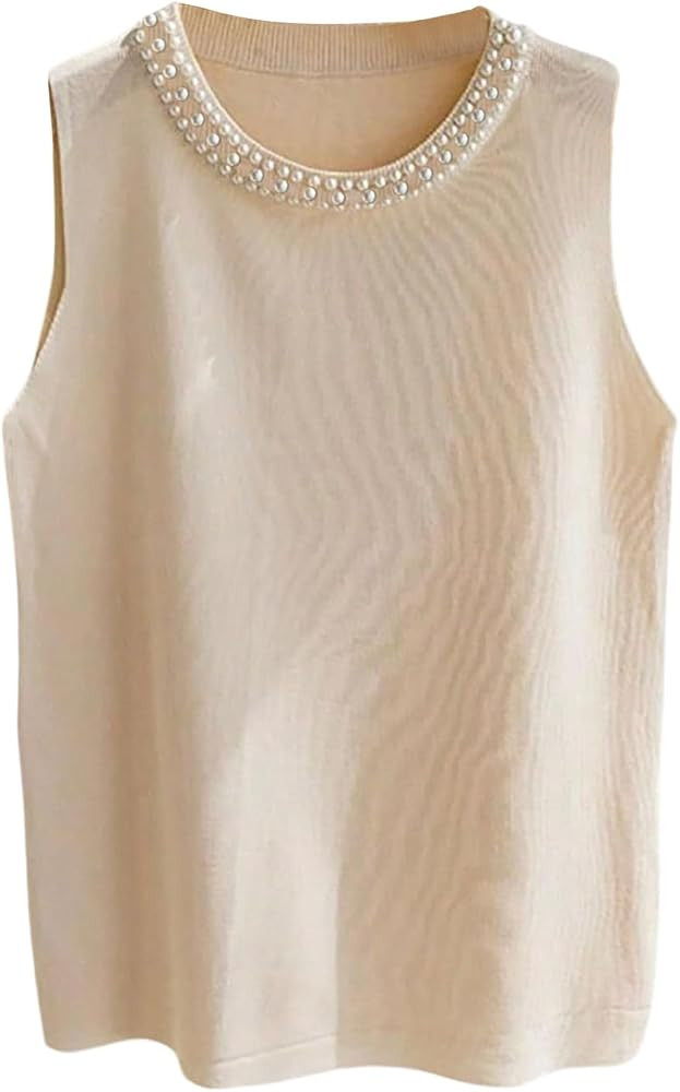OYOANGLE Women's Plus Size Pearl Beaded Sweater Vest     Sleeveless Crewneck, Going Out, Vacation... | Amazon (US)