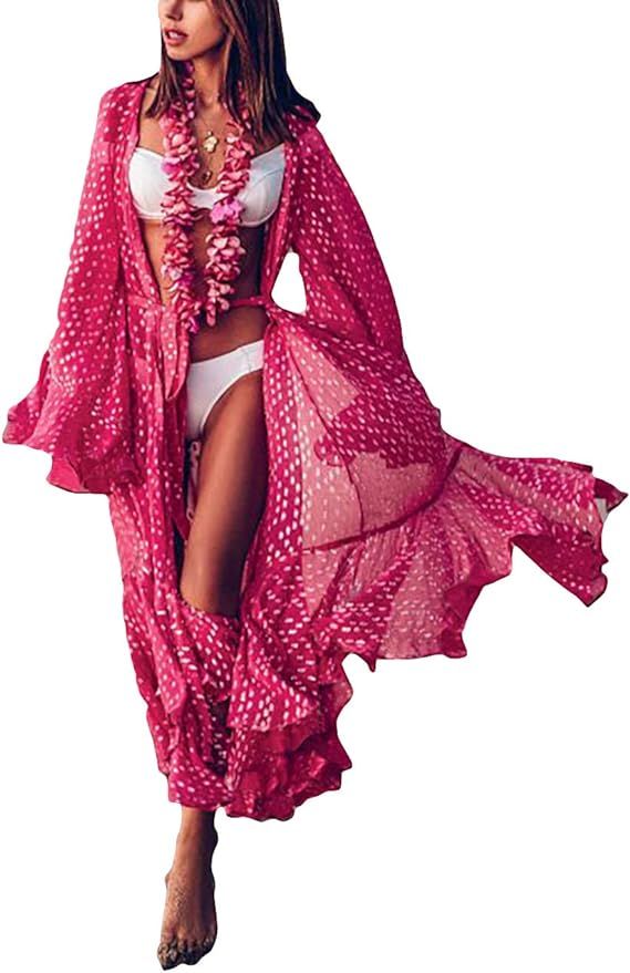 Bsubseach Women Chiffon Dot Print Beach Kimono Cardigan Long Bathing Suit Cover Up | Amazon (US)