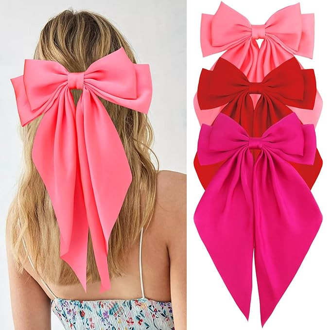 Velscrun Hair Bows for Women Girls 3Pcs Pink Red Rose Red Silky Satin Large Bows Hair Clip Oversi... | Amazon (US)