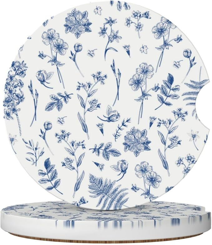 Vintage Blue Flower Car Coasters for Cup Holder Absorbent Ceramic Cup Coaster 2 Pack Anti Slip Ca... | Amazon (US)