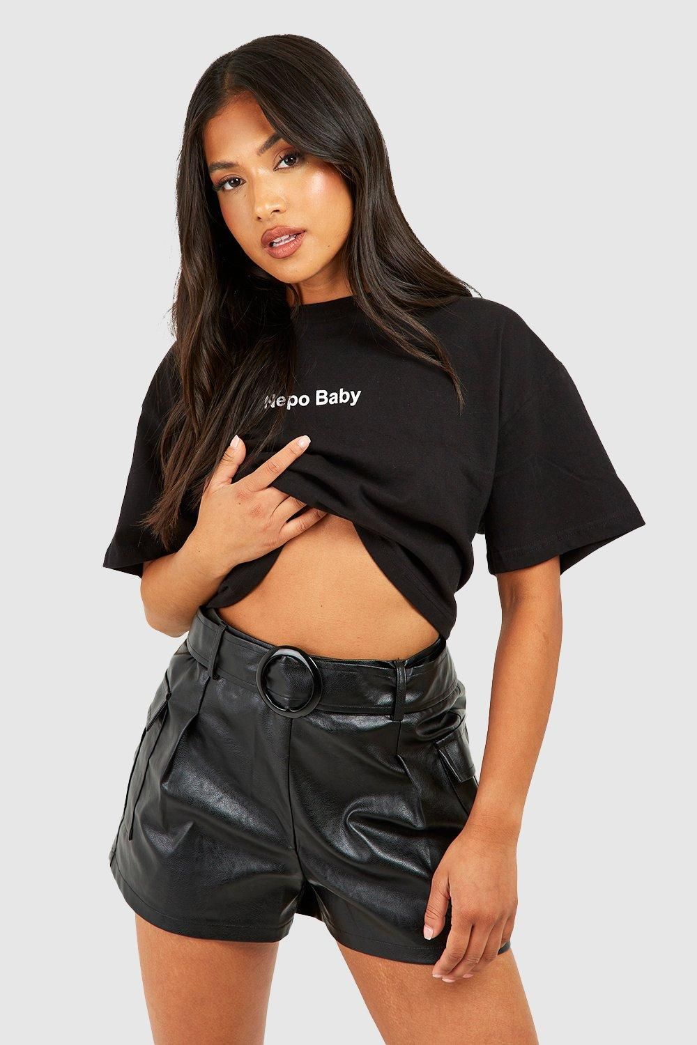 Womens Petite Faux Leather Belted Utility Pocket Shorts - Black - 0 | Boohoo.com (US & CA)