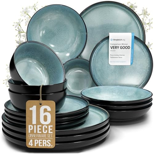 Stoneware Dinnerware Set for 4, 16 Piece Plates and Bowls Set - Handmade Reactive Glaze, Chip & Scratch Resistant Sets - Dishwasher Microwave Safe, Modern Kitchen Dinner Service in Dark Petrol Blue | Amazon (US)