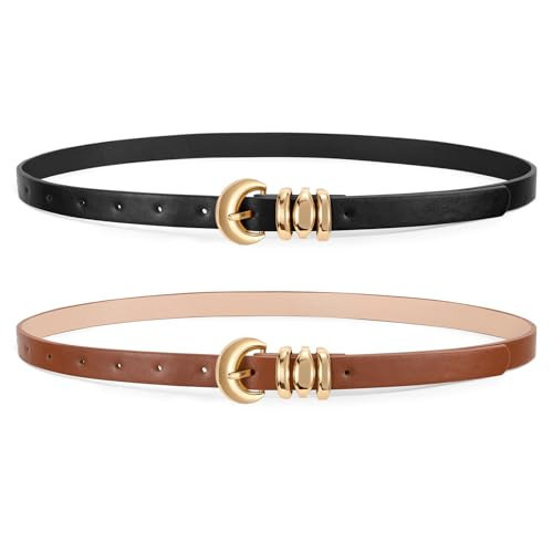XZQTIVE 2 Pack 0.71'' Womens Skinny Leather Belts for Ladies Thin Waist Belt for Jeans Dress Pants with Fashion Gold Buckle, Black/Brown, Fits Pant Sizes 29-33 inch | Amazon (US)