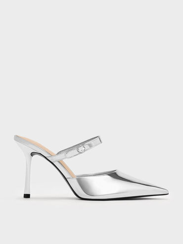 Silver Metallic Crystal-Accent Stiletto-Heel Mules | CHARLES & KEITH UK | Charles & Keith UK