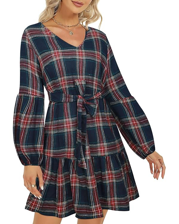 ROYLAMP Women's Tunic Dresses Long Sleeve V Neck Plaid Tie Waist Ruffle Swing Shift Casual Mini D... | Amazon (US)