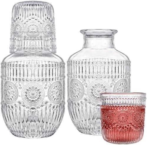 Kingrol 4-Piece Glass Bedside Carafe and Tumbler Set - 18 oz Water Pitcher & 5 oz Cup, Elegant Ni... | Amazon (US)