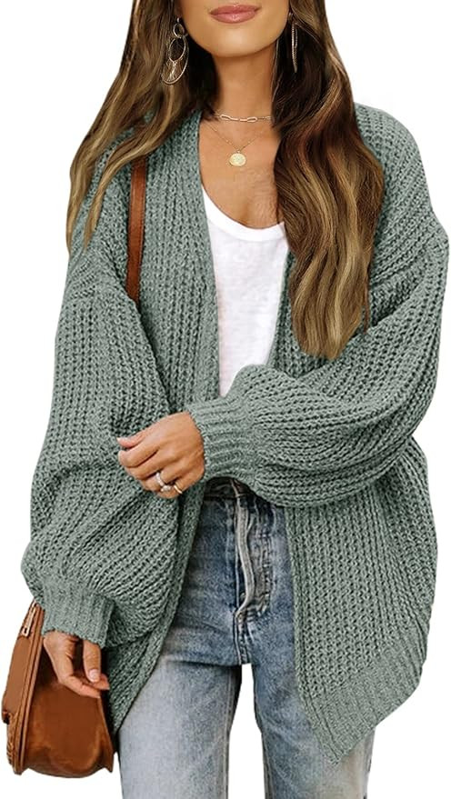 MEROKEETY Women's Open Front Long Lantern Sleeve Cardigan Oversized Chunky Outwear with Pocket | Amazon (US)