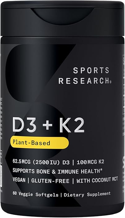 Sports Research\u00ae Vegan Vitamin D3 + K2 w/Coconut Oil, 60 Count Plantgels\u2122 | Amazon (US)