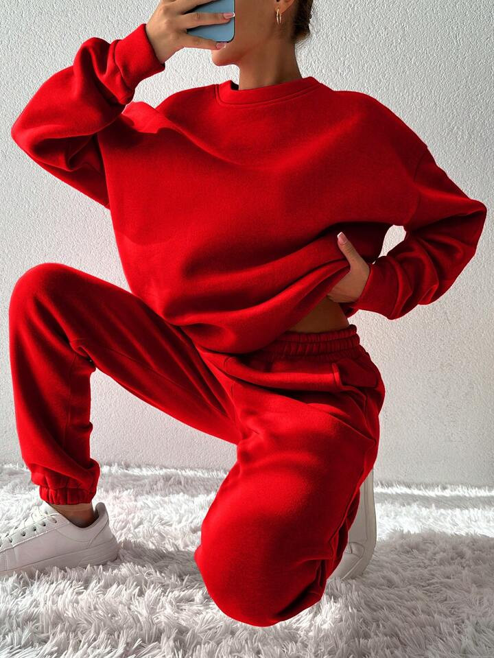 Cottnline Effen kleur Ronde hals Oversized Sweatshirts En Zak Joggingbroek | SHEIN