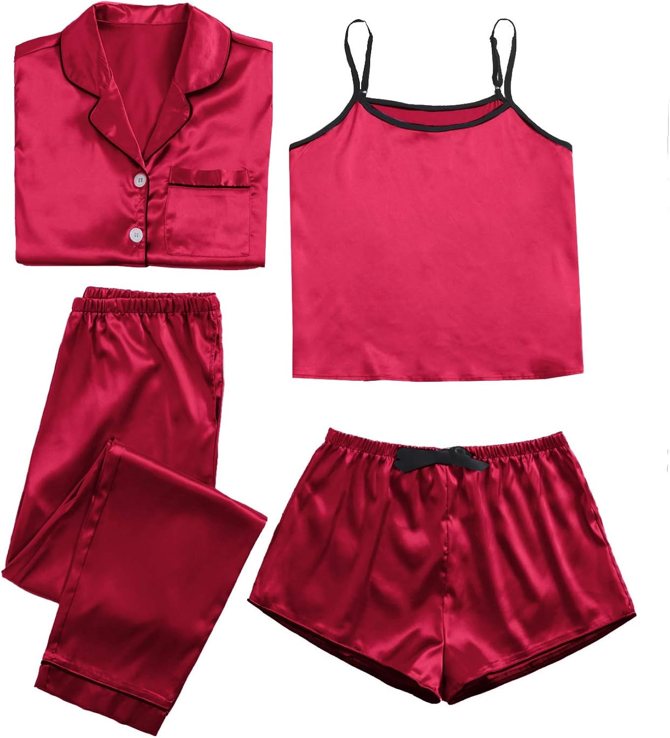 WDIRARA Women's Silk Satin Pajama Set 4 Pieces Sleepwear Loungewear Pj Sets | Amazon (US)