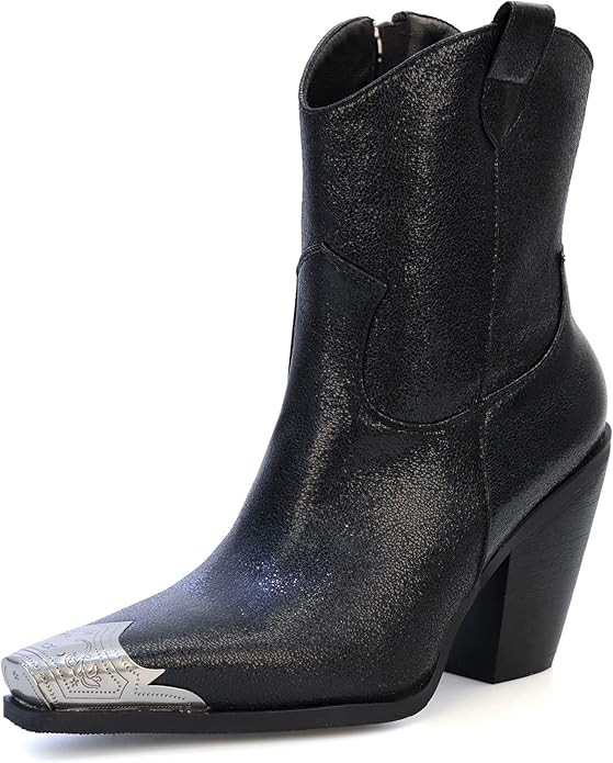 Cowboy Ankle Boots for Women Engraved Steel Toe Cowgirl Boots Stacked Block Heels Short Cowboy Bo... | Amazon (US)