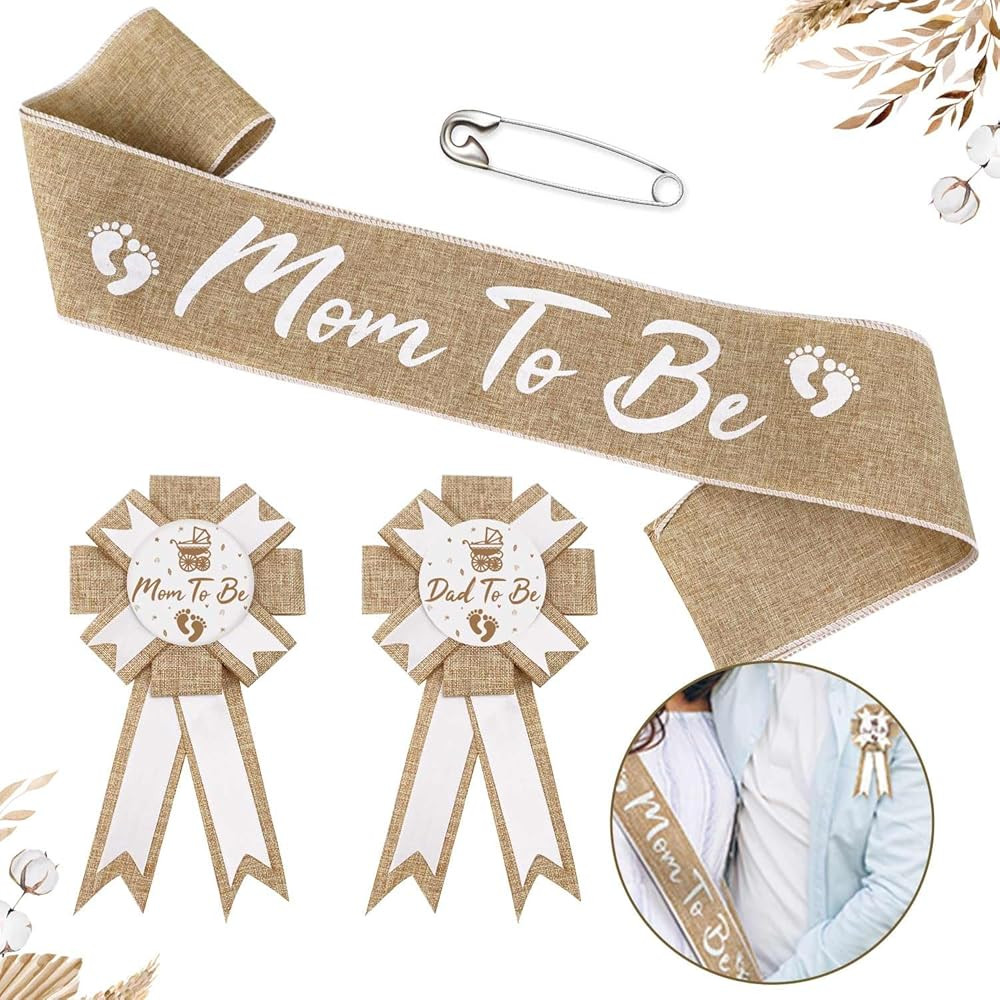 Neutral Burlap Mom to Be Sash Dad to Be Pin Baby Shower Decorations, Rustic Boho Mommy to Be Sash... | Amazon (US)