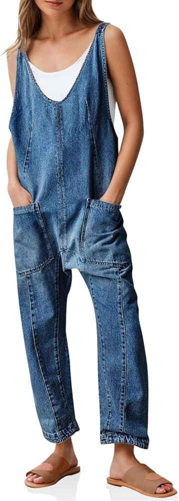 PLNOTME Women's Denim Overall Jumpsuits Sleeveless V Neck Adjustable Straps Jeans Long Pants Romp... | Amazon (US)