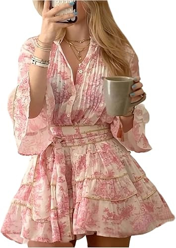 SOLY HUX Women's Floral Ruffle Mini Dress V Neck 3/4 Sleeve Flowy Boho Vacation Dresses | Amazon (US)