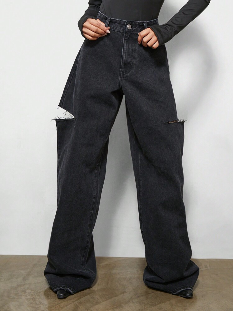SUMWON WOMEN Wide Leg Side Ripped Raw Edge Jean | SHEIN