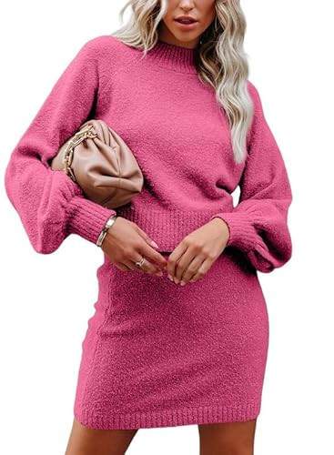 Dokotoo 2 Piece Outfits for Women Puff Long Sleeve Knit Sweater Tops and Bodycon Rose Dress Sets Small | Amazon (US)