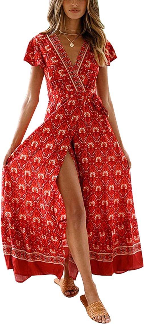 TEMOFON Women's Wrap Dresses Bohemian Floral Printed Summer Casual Short Sleeve V-Neck High Split... | Amazon (US)