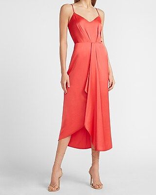 Satin V-Neck Asymmetrical Midi Dress | Express