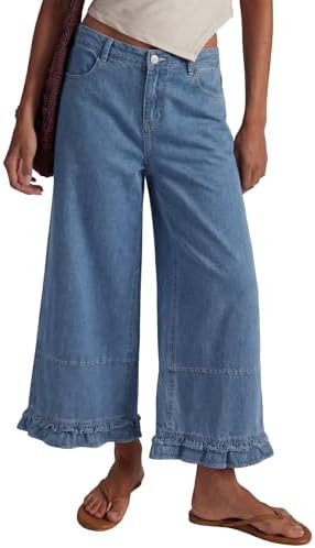 EVALESS Womens Wide Leg Jeans 2026 Trendy Mid-Rise Cropped Baggy Jeans Loose Fit Cute Ruffle Hem ... | Amazon (US)