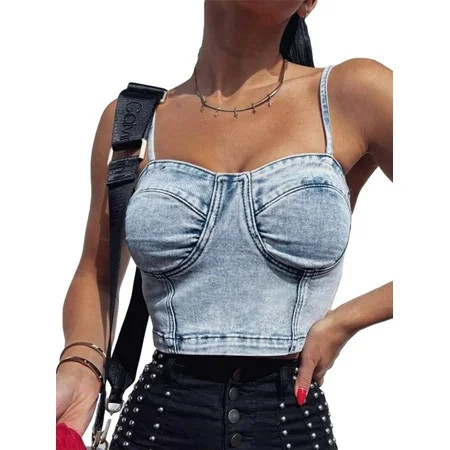 Women Criss Cross Denim Bustier Zipper Crop Top Corset Blue Jean Corset Top Bra | Walmart (US)