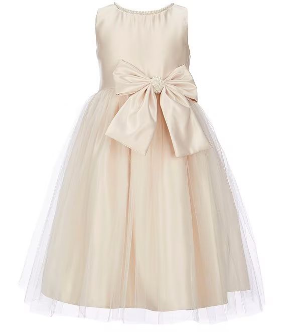 Little Girls 2-6 Sleeveless Dull Satin Pearl Trim Bow Detail Tulle Tea Dress | Dillard's