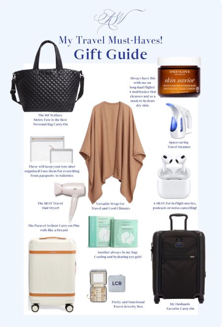 Here are all my favorite travel must haves! MZ Wallace deluxe metro tote bag, the perfect carry-on Best carry-on suitcase PatchOlogy eye gels Travel steamer Travel hairdryer Noise, canceling AirPods Truffle and Co. clarity clutch packing pouches for organizing One live organics, skin savior Travel jewelry box Tumi carry-on for him

#LTKU #LTKtravel #LTKFind
