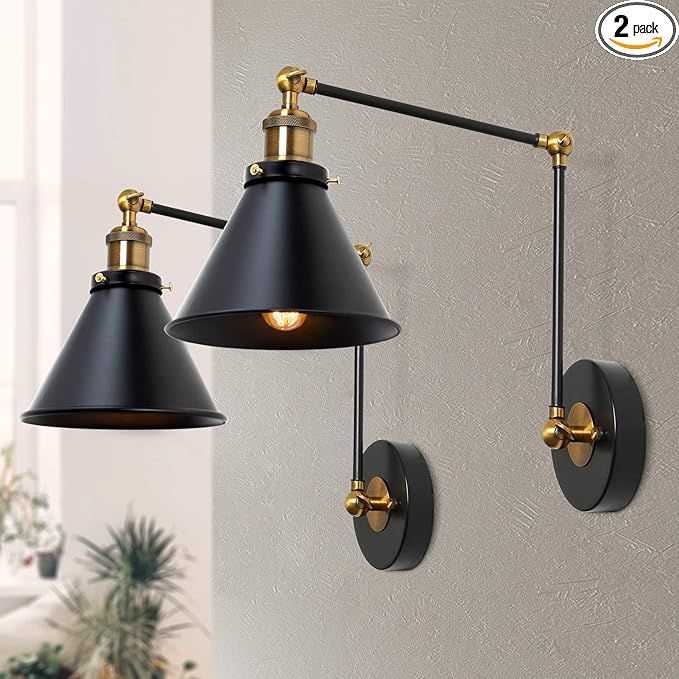 LNC Wall Sconces, Swing Arm Plug-in or Hardwire Lamp Antique Brass and Black Matte Finish (2 Pack... | Amazon (US)