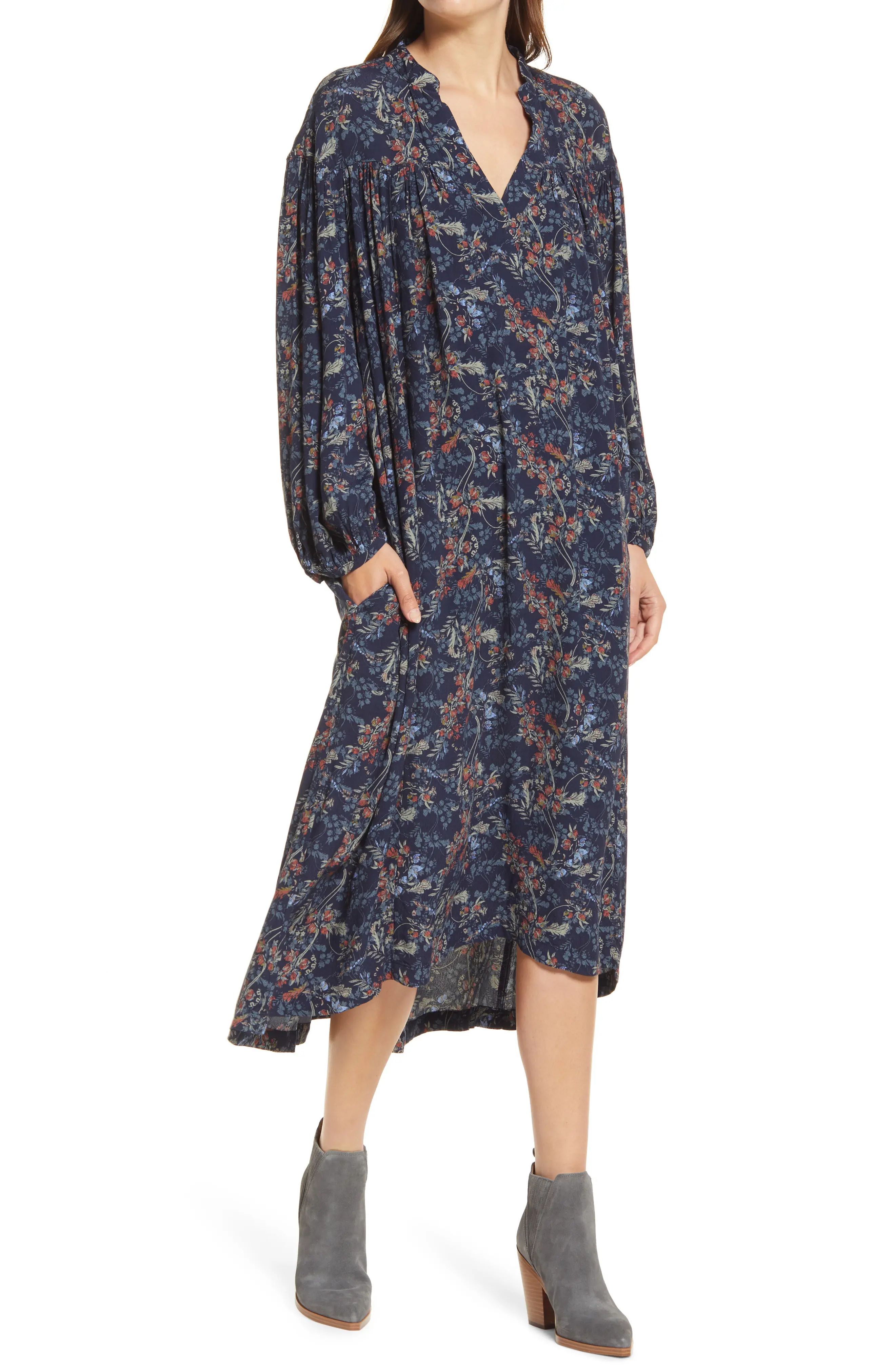 Women's Treasure & Bond Floral Long Sleeve Woven Midi Dress, Size Small - Blue | Nordstrom