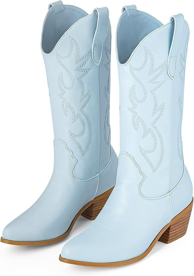 Women's Western Cowboy Boots with Embroidery Chunky Block Heel 2.5" Classic Cowgirl Boots Mid Cal... | Amazon (US)