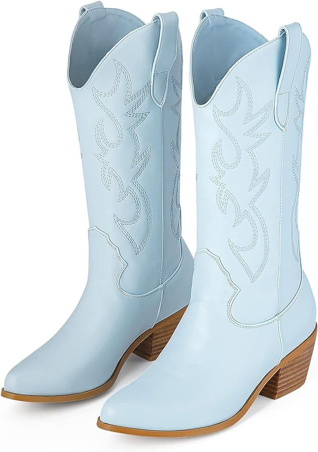 Women's Western Cowboy Boots with Embroidery Chunky Block Heel 2.5" Classic Cowgirl Boots Mid Cal... | Amazon (US)