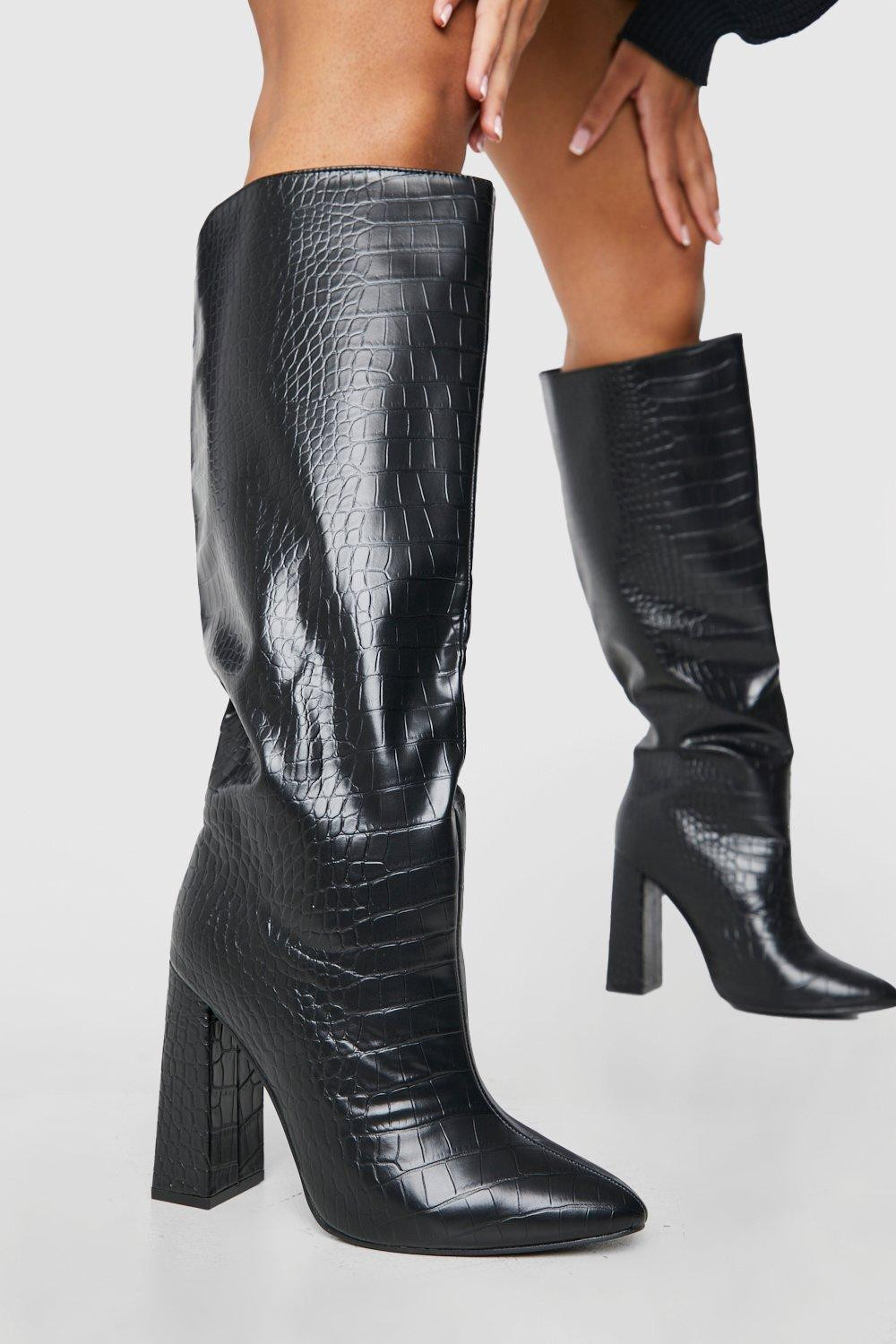 Womens Knee High Block Heel Croc Boots - Black - 5 | Boohoo.com (US & CA)