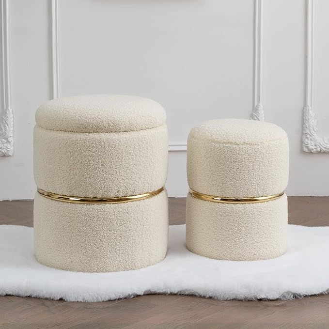 Faux Fur Round Storage Ottoman Upholstered Vanity Stool Foot Rest with Gold Metal Hoop, Ottoman w... | Amazon (US)