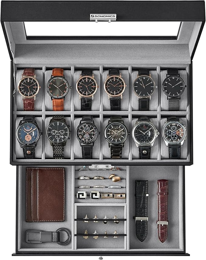 SONGMICS Watch Box, 12-Slot Watch Case Organizer with Large Glass Lid, 2 Layers, Removable Pillow... | Amazon (US)