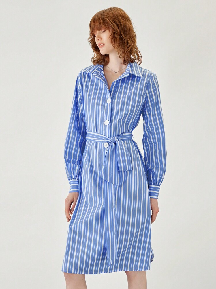 BizChic Striped Print Belted Shirt Dress Workwear | SHEIN