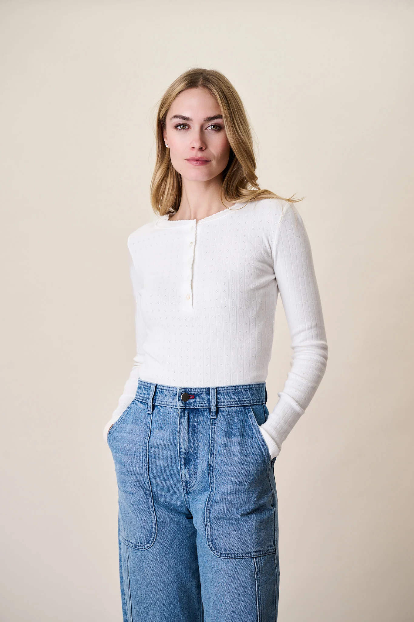 Pointelle Long Sleeve Henley - White | Marea