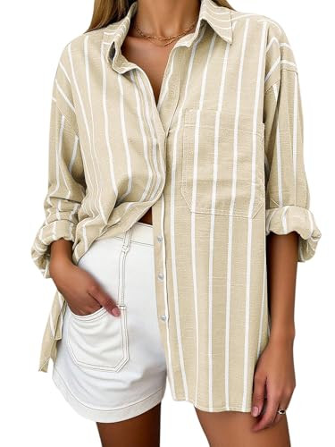 Oversized Button Down Shirts for Women Linen Shirt Long Sleeve Collared Blouses with Pocket Beach... | Amazon (US)
