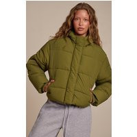 Khaki Cropped Drawstring Puffer Jacket | PrettyLittleThing US